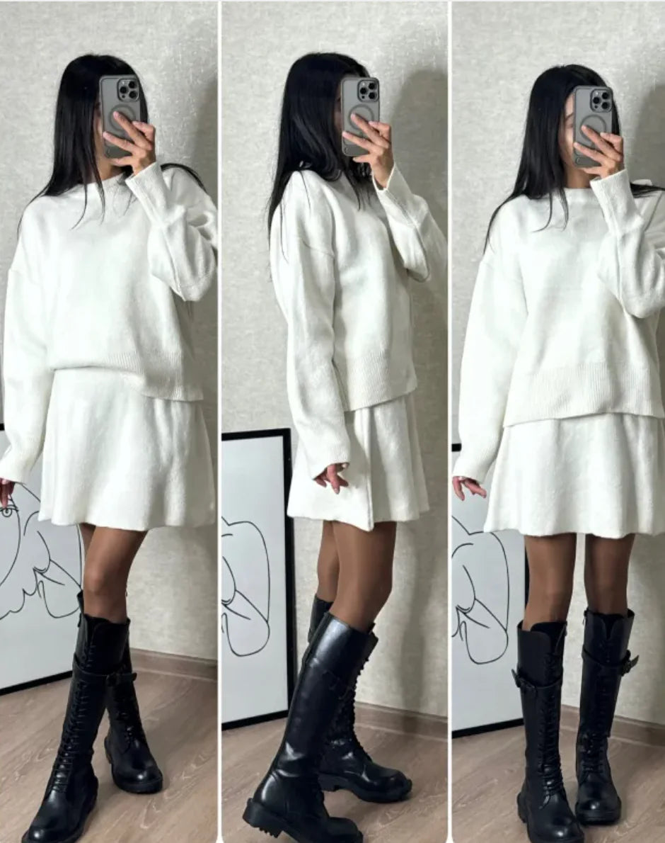 Pure Color Casual Versatile College Style Knitwear Skirt Outfit for Women