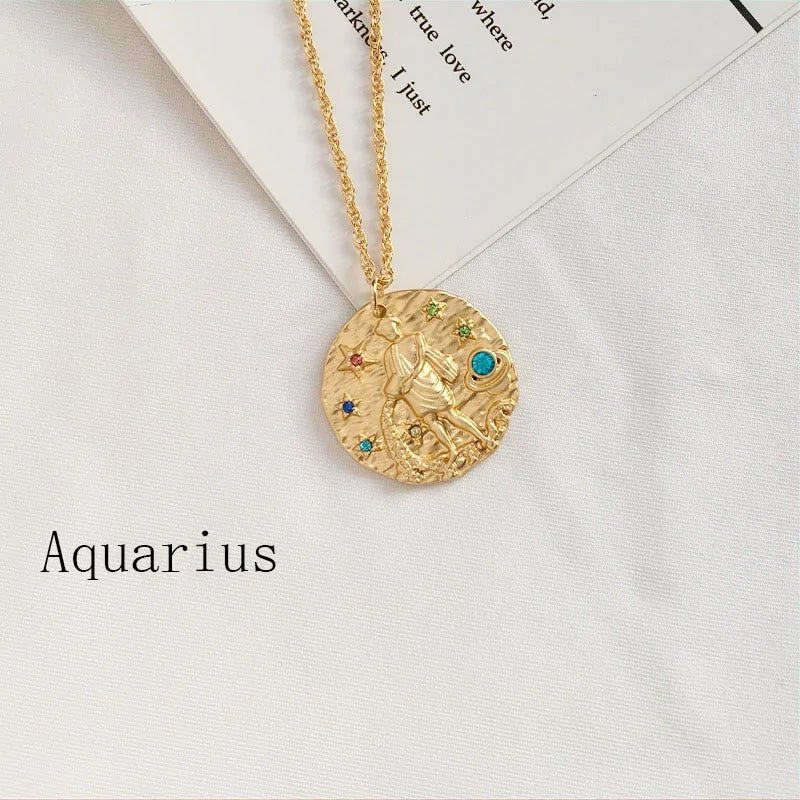 Gold Coin Disk Pendant Zodiac Necklace