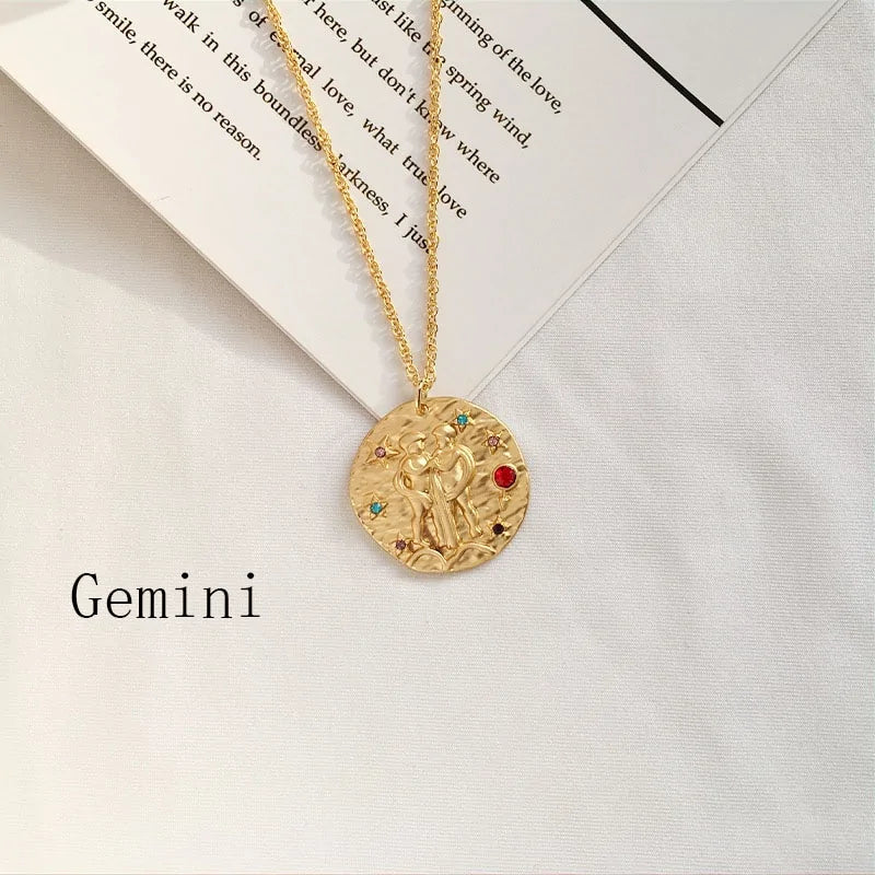 Gold Coin Disk Pendant Zodiac Necklace