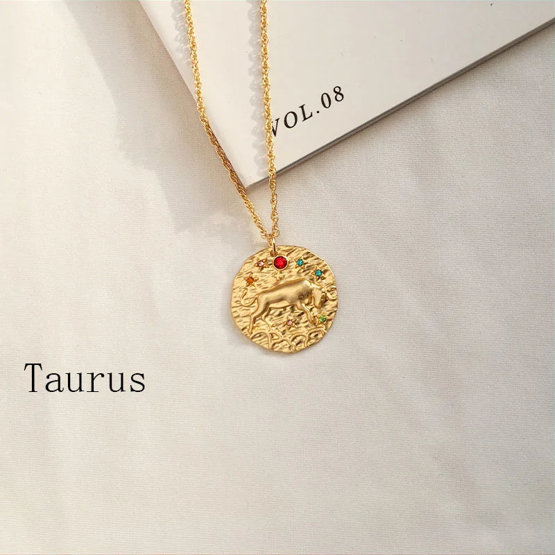 Gold Coin Disk Pendant Zodiac Necklace