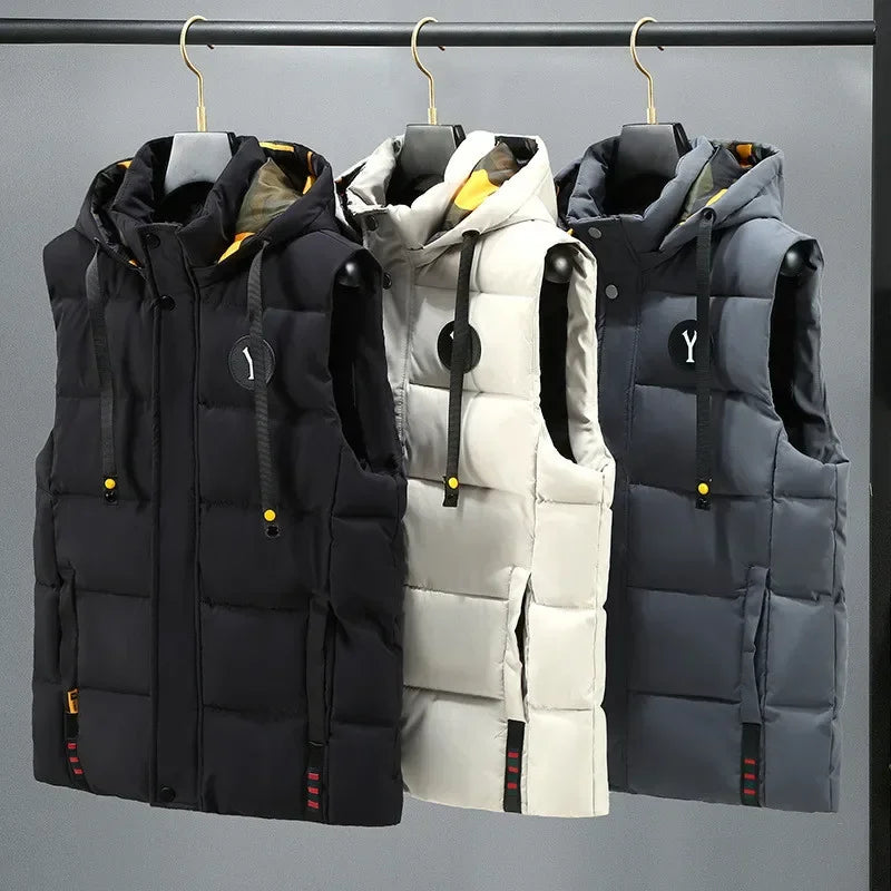 Vest for Men Cotton Warm Sleeveless Coat Hat Detachable Padded Winter Waistcoat Work Wear Male High Quality Clothes 5XL