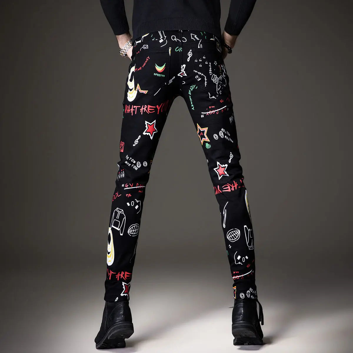 Luxury Mens Denim Pants Hip Hop Graffiti Print Jeans Designer Slim Fit Trendy Black Jeans Stretch Cowboy Cotton Trousers for Men