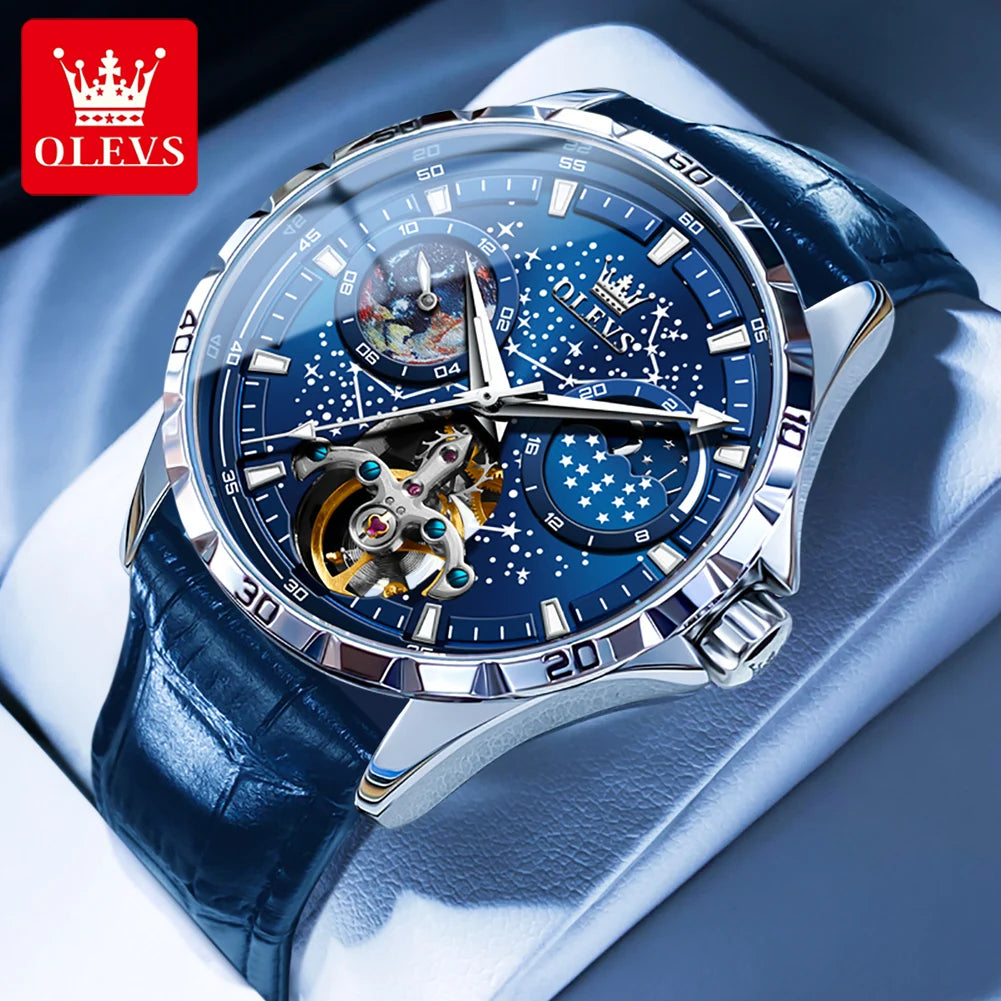 OLEVS Original Brand Men's Watches Waterproof Multifunctional Luminous Fully Automatic Mechanical Watch Moon Phase Starry Disk