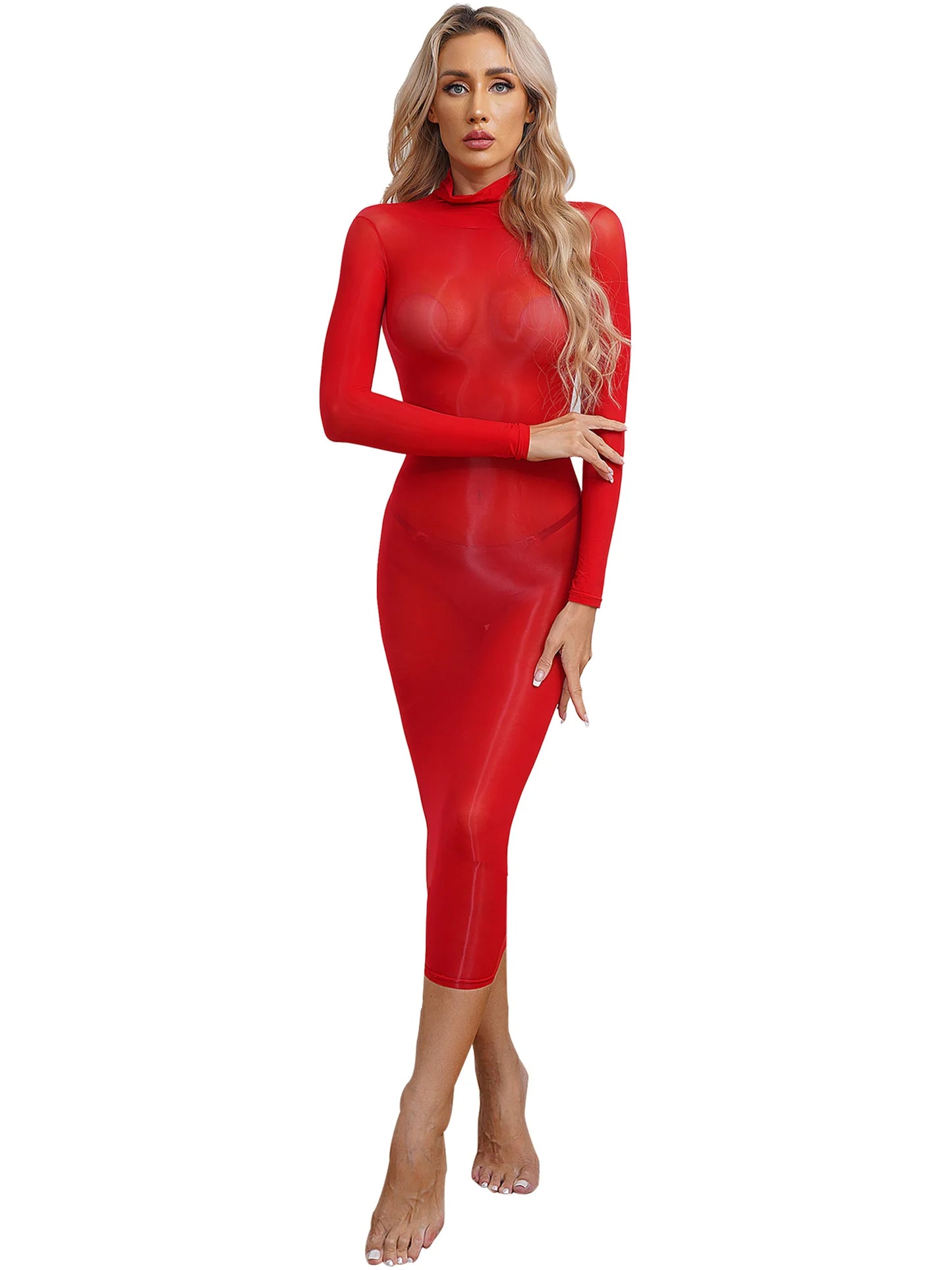 Durchsichtiges, schmales Dessous-Kleid für Damen, hochelastisch, glänzend, figurbetontes Kleid, langärmelig, ärmellos, für Dating, Club, Rave-Party