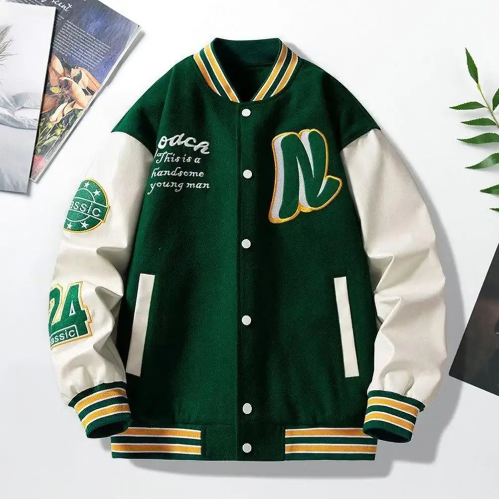 Men Baseball Jacket Men's Stand Collar Striped Letter Pattern Cardigan Baseball Coat with Pockets Loose Long Sleeve Thick