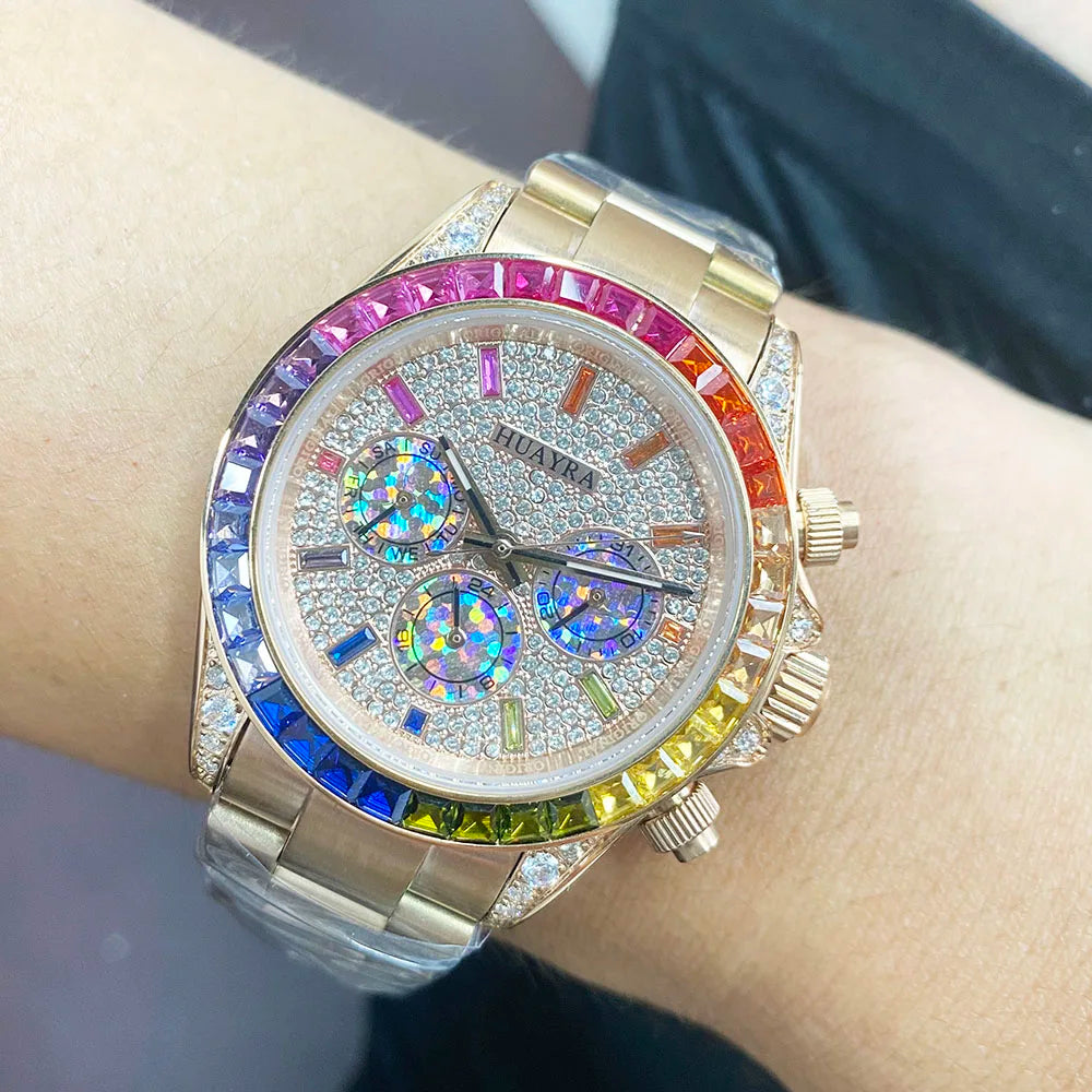 New 40mm Rainbow Shell Panda Three Eyes Watch Men's Automatic Mechanical Watch Color Diamond dial Three Eyes Stainless Steel