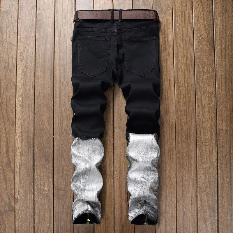 Broken Coated Ripped Jeans Men High Quality Cotton Trousers Zipper BIKER Jeans Cowboy Denim Trousers Black White Patchwork