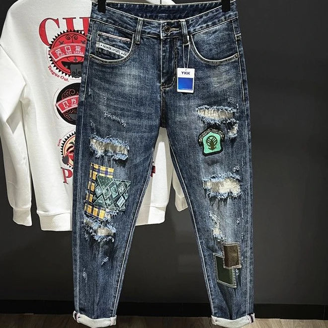 Men's Jeans Broken Tapered Torn with Print Trousers Graphic Retro Korean Fashion Ripped Slim Fit Man Cowboy Pants Designer Holes