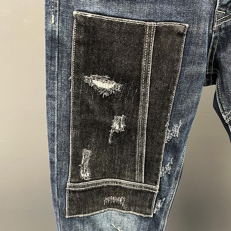 Trousers with Holes Men's Jeans Ripped Torn Man Cowboy Pants Elastic Spliced Stretch Broken Tapered Y2k Streetwear Kpop New In