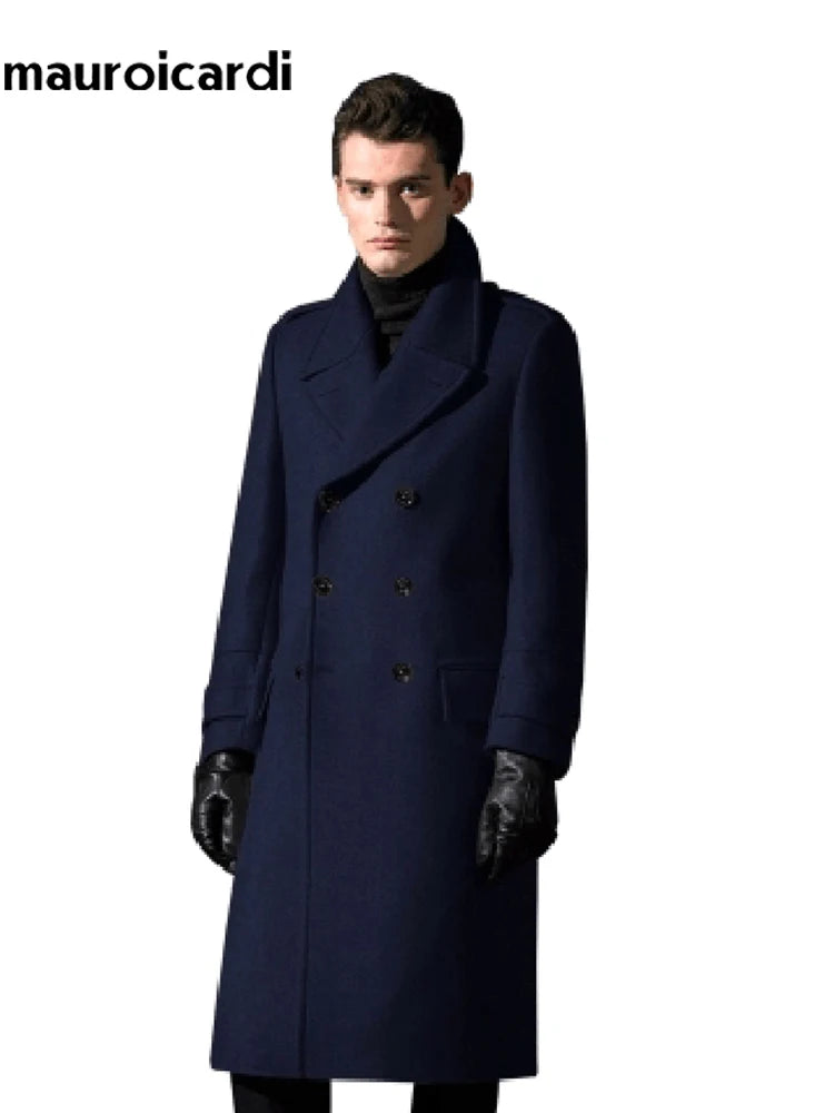 Mauroicardi Autumn Winter Long Warm Smart Casual Navy Blue Black Woolen Coat Men Double Breasted Luxury Wool Blends Overcoat