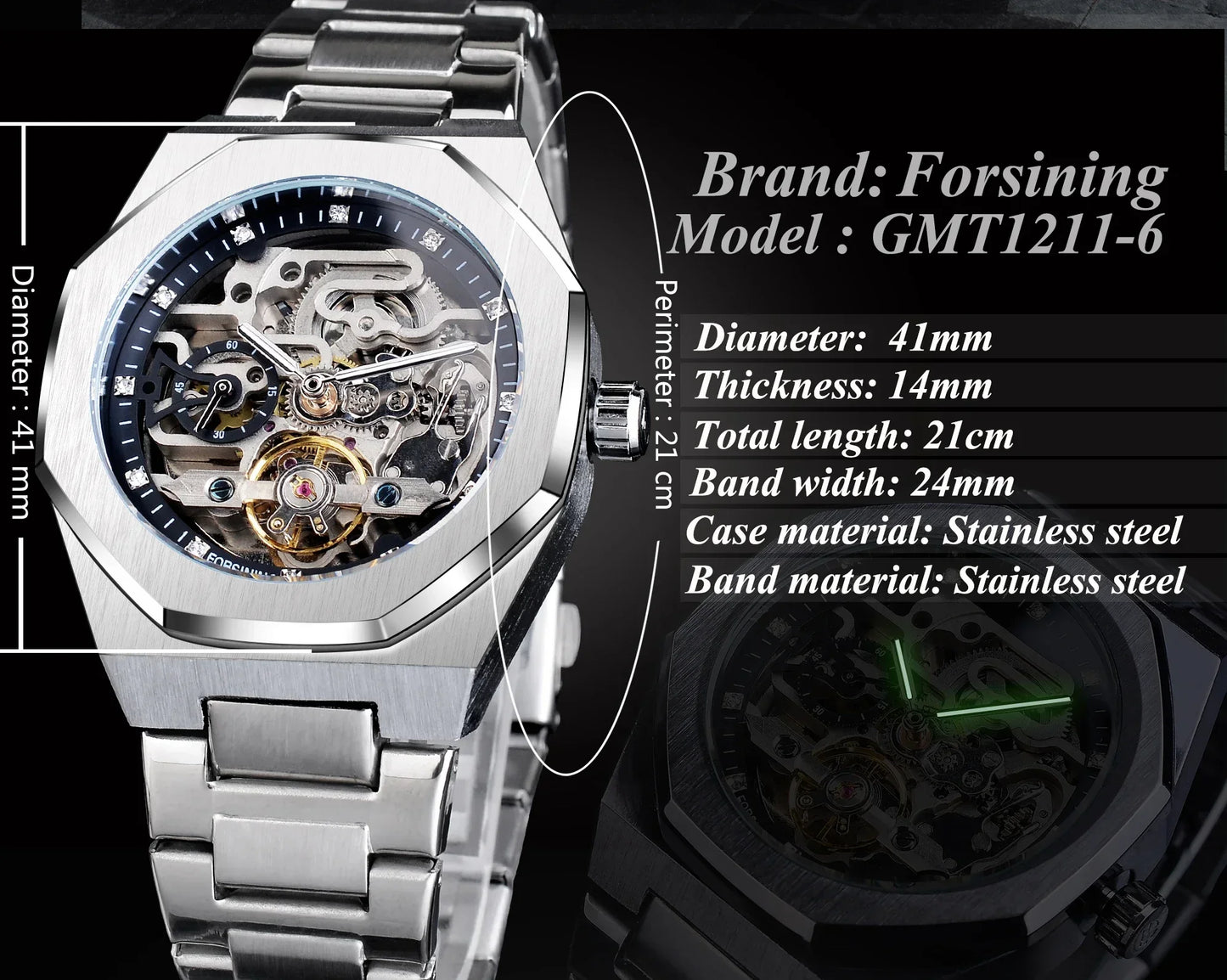 Forsining Casual Automatikuhr 3D Diamant Skelett Hohl Herren Armbanduhren Leuchtende Militäruhren Tourbillon Montre Homme