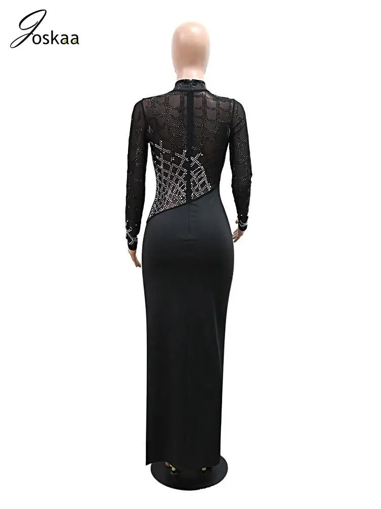 Joskaa Rhinestone Mesh Patchwork Long Evening Dresses Women Sexy Full Sleeve Side High Split Skinny Vestidos Party Clubwear