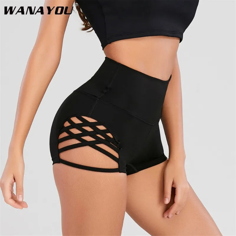 WANAYOU High Waisted Printed Tight Yoga Shorts with Side Cross Large Hollow Sexy Fitness Pole Dance Sports Shorts