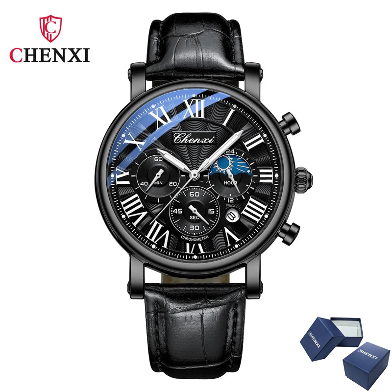 CHENXI 973 Multi-function Business Moon Phase Date Waterproof Rome Analog Imported Men Wristwatch Dial Quartz Leather Watches