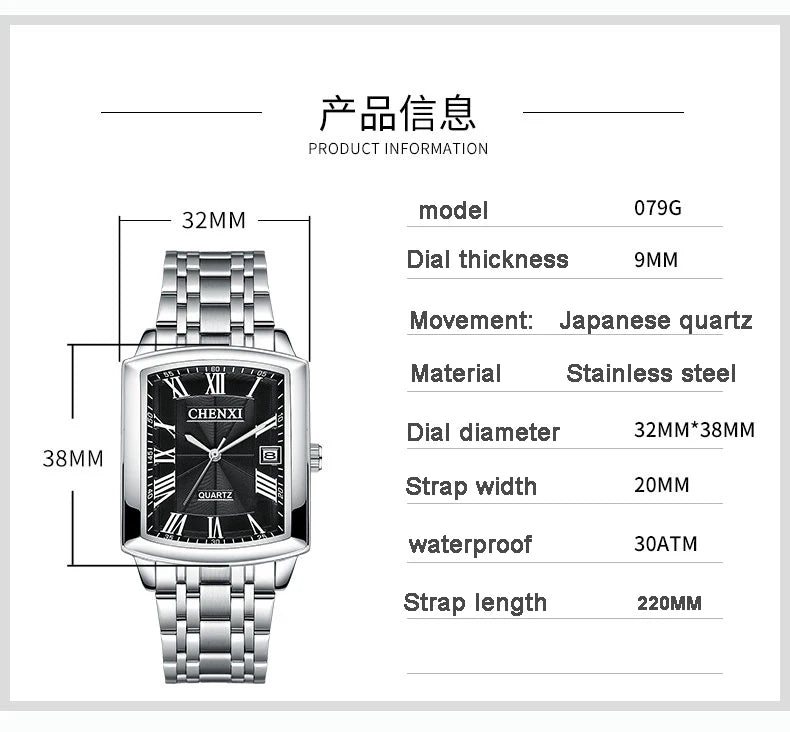 Mode Chenxi Marke herren Uhr Edelstahl &amp; Leder Quadrat Quarz Armbanduhr Business Männer Wasserdichte Uhren Reloj Hombre