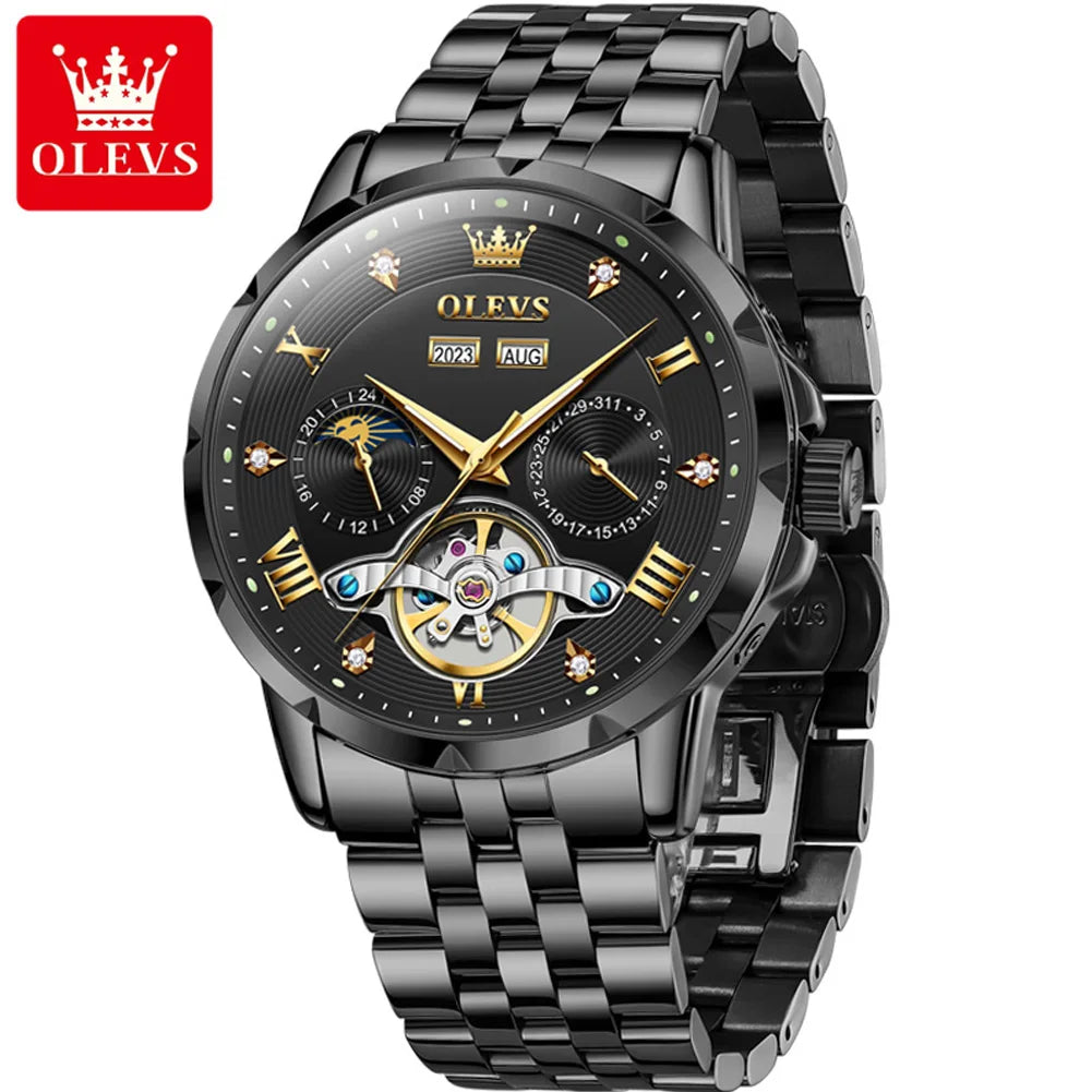 OLEVS 6691 Men's Automatic Mechanical Wristwatch Luxury Skeleton Flywheel Design Moon Phase Waterproof Original Brand Man Watch