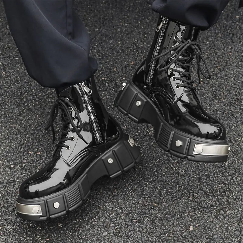 2024 Men's High Top British Style Thick Bottom Increased Bright Leather Black Motorcycle Round Toe Side Zipper Punk Boots Women