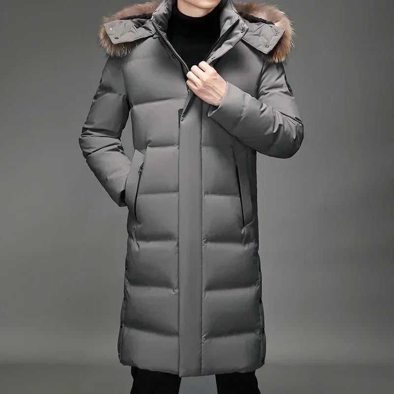 Luxury Long Down Jacket Men's Winter Korean Style Detachable Fur Collar Cap White Duck Down Warm Coat Brand Lightweight Parka