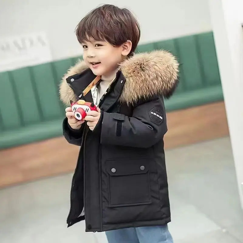 5 6 8 10 12 Years Winter Boys Jacket Thicken Keep Warm Fashion Fur Collar Kids Jacket Hooded Zipper Children Outerwear Clothing