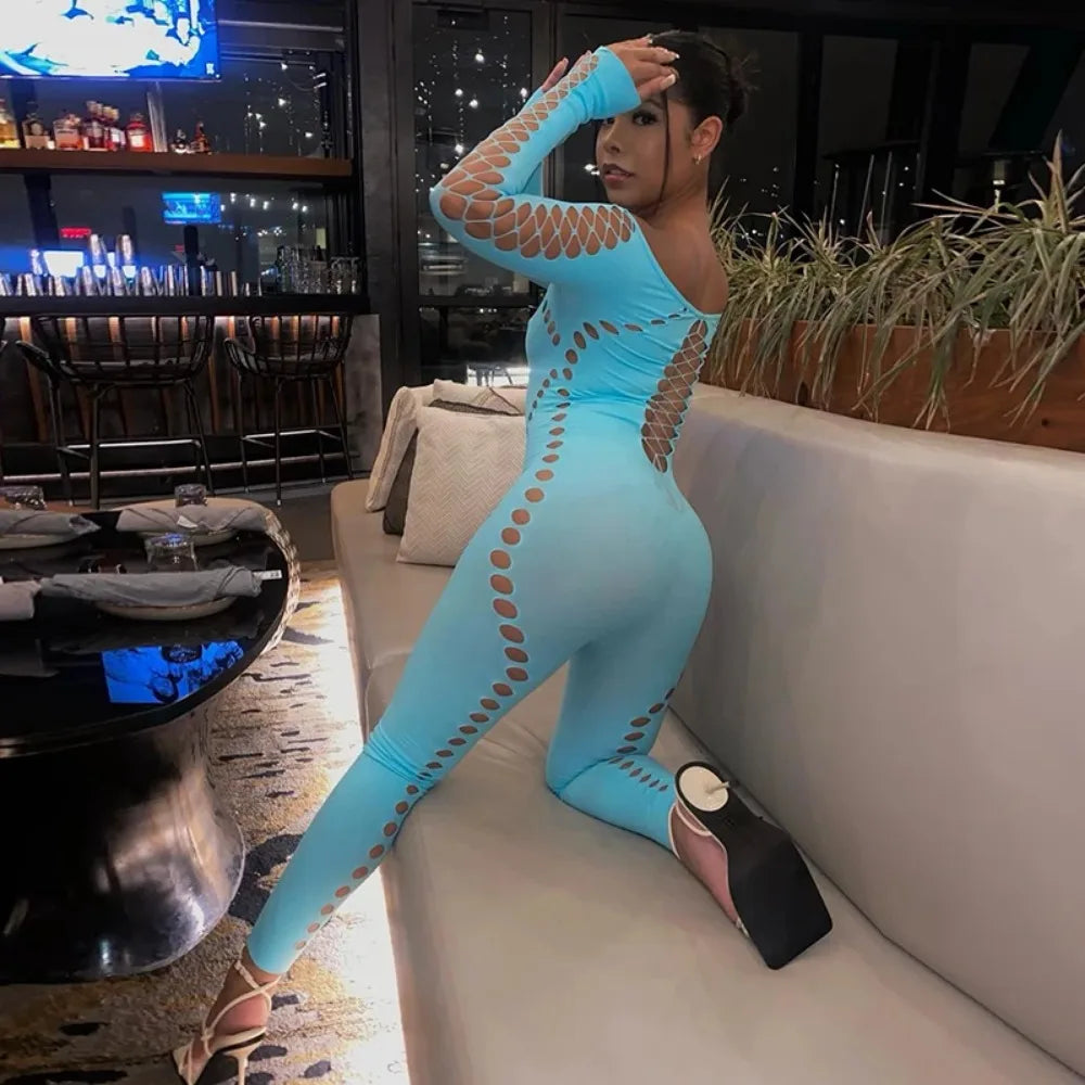 2024 Fashion CUTENOVA Sexy Holes Rip Jumpsuit Mesh See Through Long Sleeve Skinny Overalls for Women Nightclub Strappy Outfit