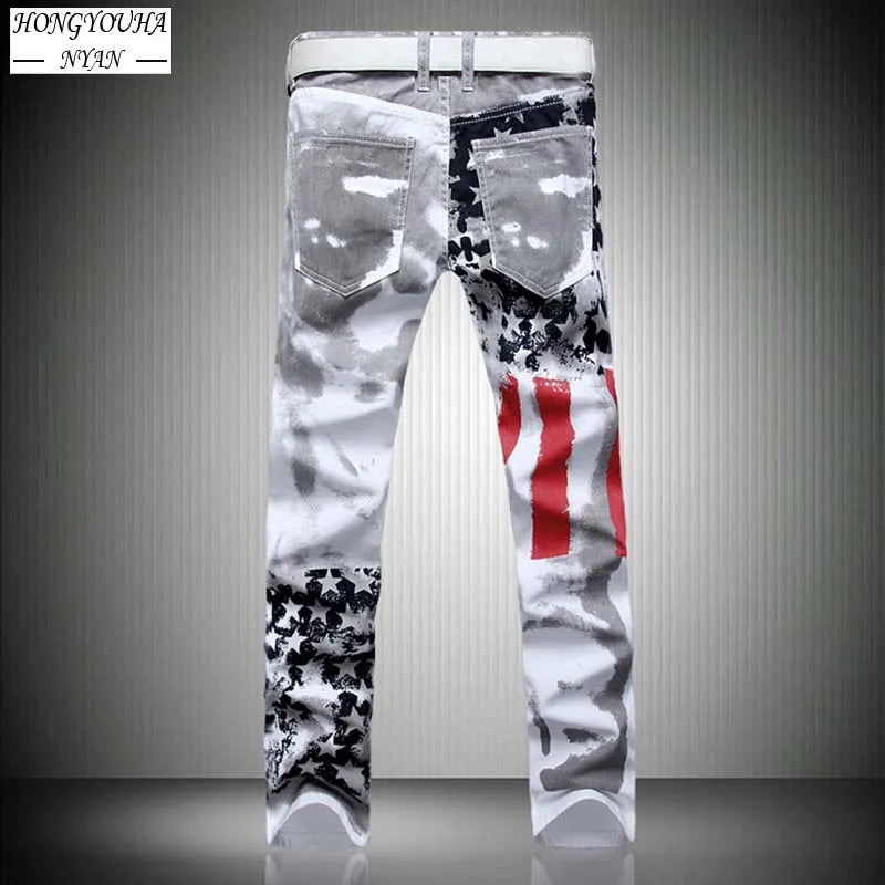 High Street Straight Denim Trousers Men's White Flag Print Jeans Stretch Slim Casual Five-Pointed Star Hip Hop Large Size Pants