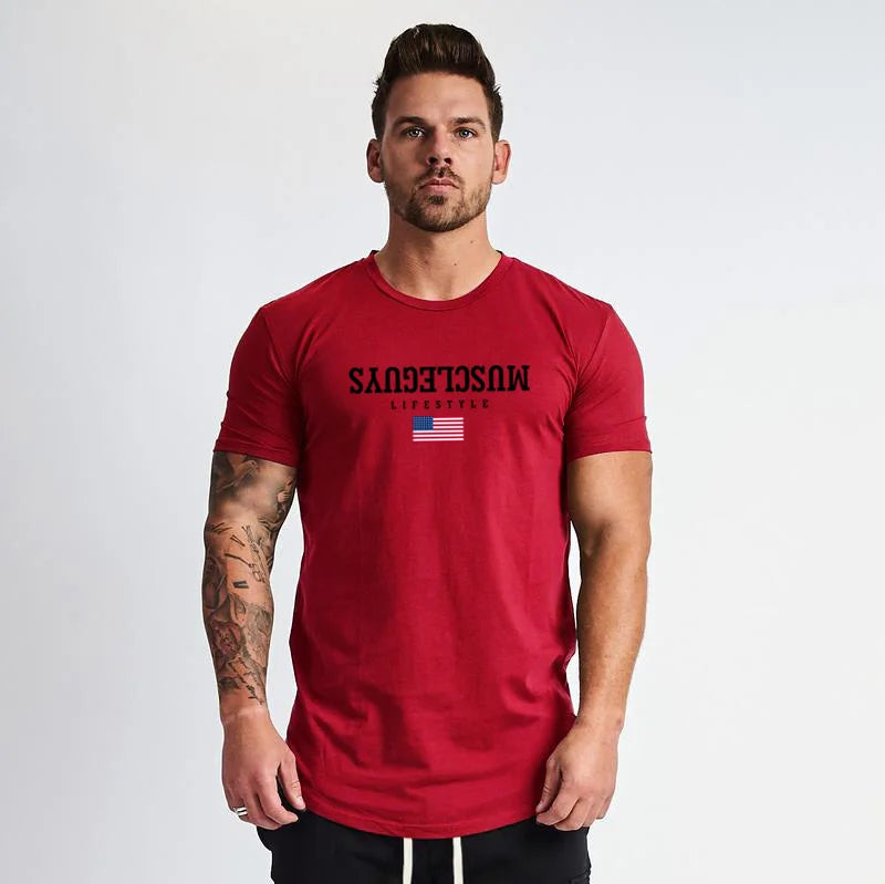 2023 Hot Sale Short Sleeve Cotton Men Casual Rounded Hem Cotton T-Shirt Summer Breathable Cool Feeling Gym Fitness Muscle Shirt