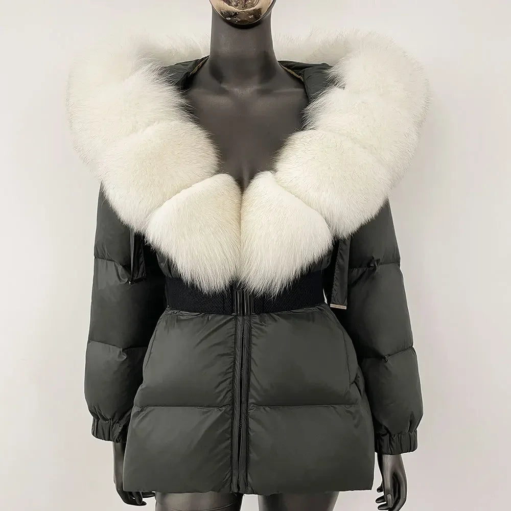 CXFS 2024 Winter Jacket Women Real Natural Fox Fur Collar Hooded Thick Warm 90% White Duck Down Coat Female Streetwear Casual