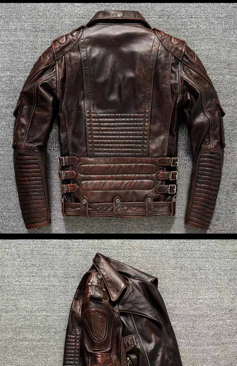 Top Layer Cowhide Leather Jacket Retro Brown Calfskin Motorcycle Suit Men's Slim Heavy Industry Leather Motorcycle Riding Jacket