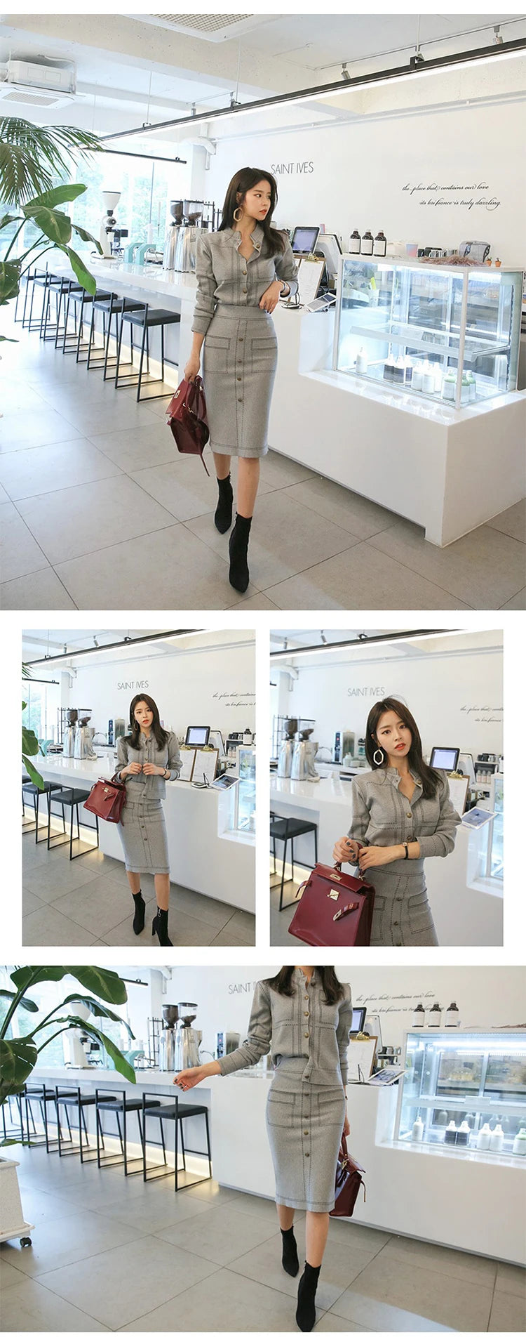 Fashion Korean 2 Pieces Outfits Women Elegant Formal Casual Coat Tops Sweater Jackets High Waist Bodycon Midi Skirt Sets Work