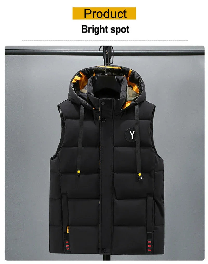 Vest for Men Cotton Warm Sleeveless Coat Hat Detachable Padded Winter Waistcoat Work Wear Male High Quality Clothes 5XL