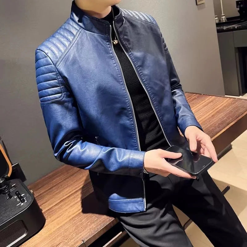 Spring New Men Solid Color Fashion Long Sleeve Faux Leather Coats Male Stand Collar Leather Jacket