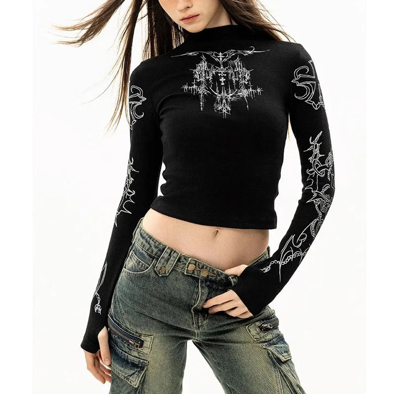 Women T-Shirt Y2k Black Vintage Clothes Half high neck Tees Grunge Fashion Gothic Graphic Streetwear Long Sleeve Crop Tops EMO