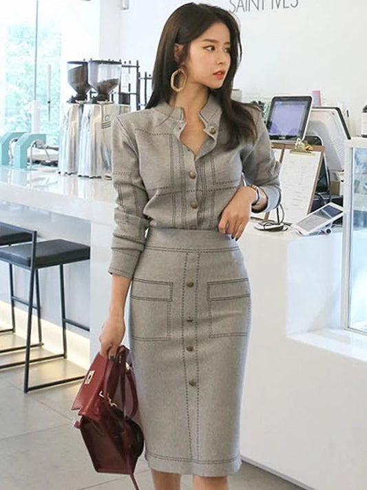 Fashion Korean 2 Pieces Outfits Women Elegant Formal Casual Coat Tops Sweater Jackets High Waist Bodycon Midi Skirt Sets Work