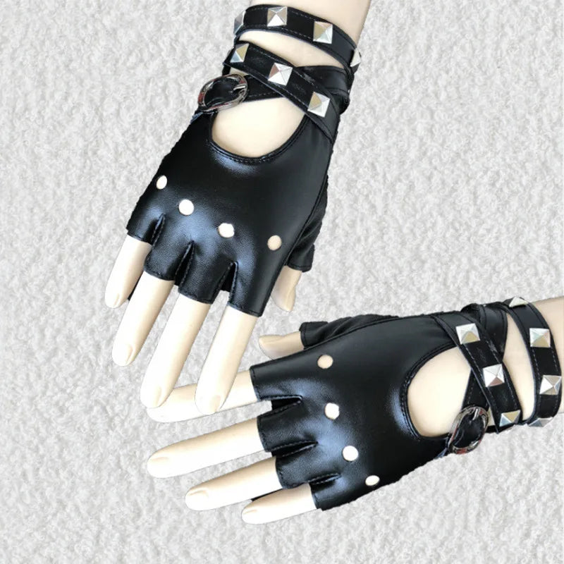 Unisex Nightclub Singer Performance Glove Men Women Half Finger Rivet Punk Party Leather Sport Hip Hop Street Dance Glove I102