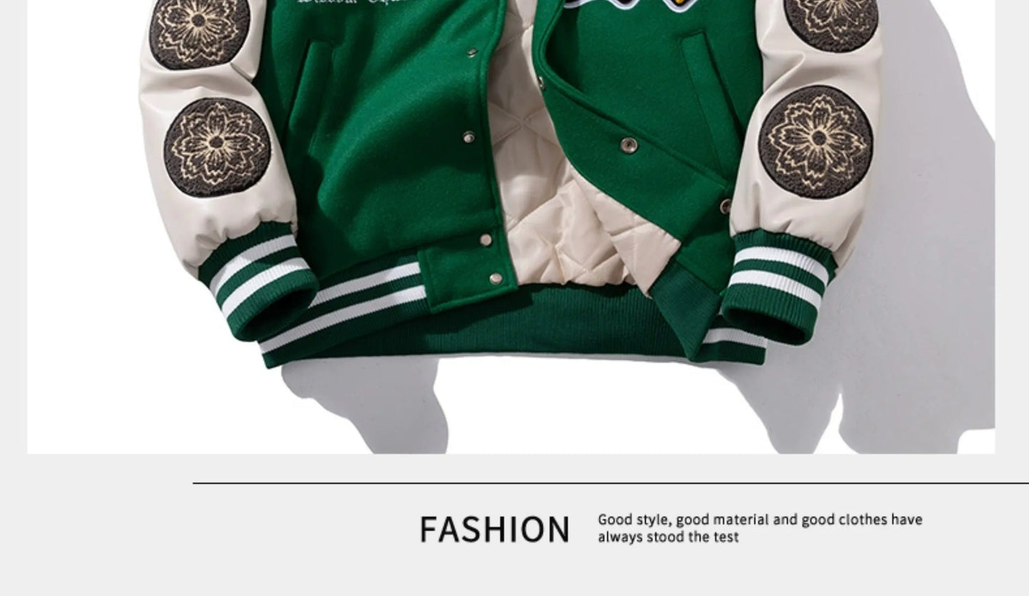 Vintage Varsity Jacket Men Winter Letter Embroidery Baseball Jacket Women Leather Sleeve Fashion Casual Woolen Coat Green Parka