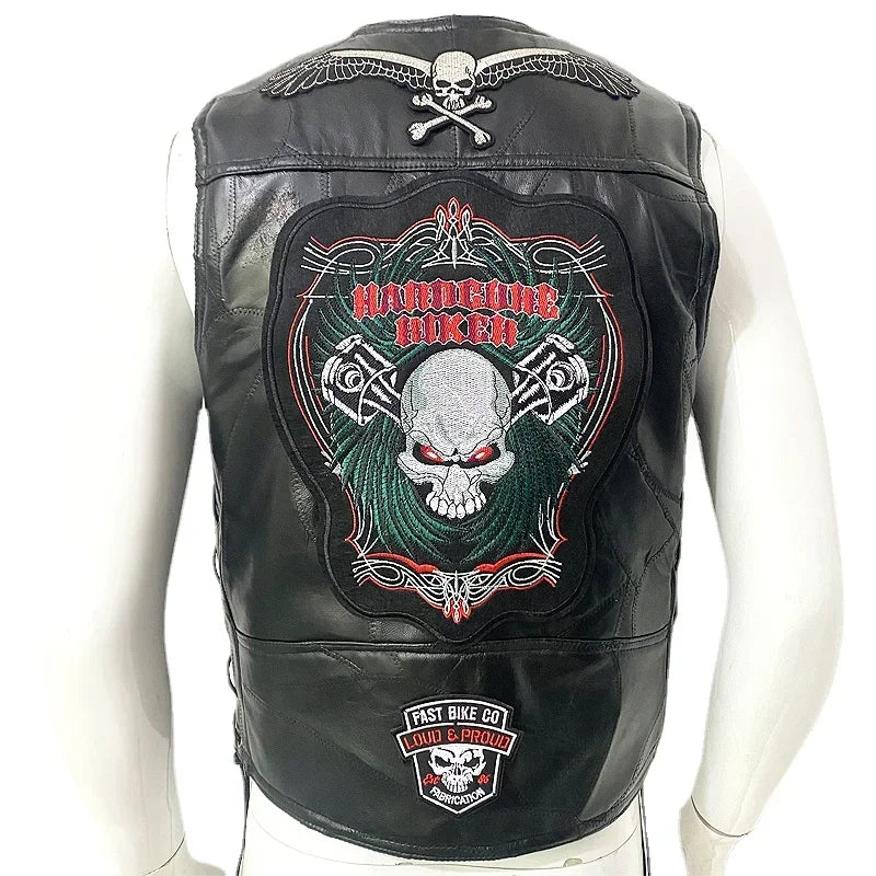 Motorcycle Leather Vest Embroidered Patch Moto Sleeveless Jacket Cycling Casual Street Vest Motorcycle Club Punk Vest