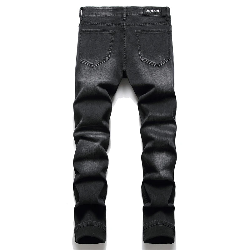 Men Cracked Blue Pleated Patch Biker Jeans Streetwear Holes Ripped Distressed Patchwork Stretch Denim Pants Slim Skinny Trousers