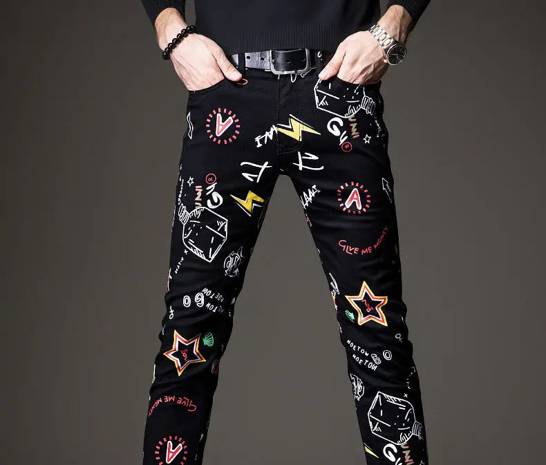 Luxury Mens Denim Pants Hip Hop Graffiti Print Jeans Designer Slim Fit Trendy Black Jeans Stretch Cowboy Cotton Trousers for Men