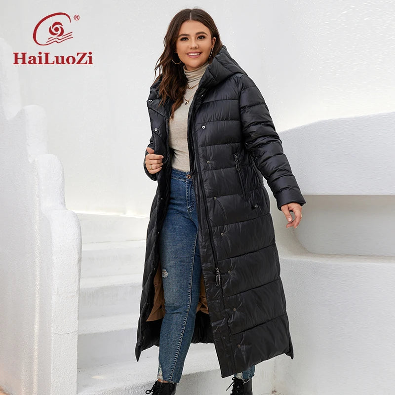 HaiLuoZi  New Winter Women's Jackets Plus Size Mid-length Thick Hood Warm Zipper Belt Classic Casual Women Coat Parkas 6037