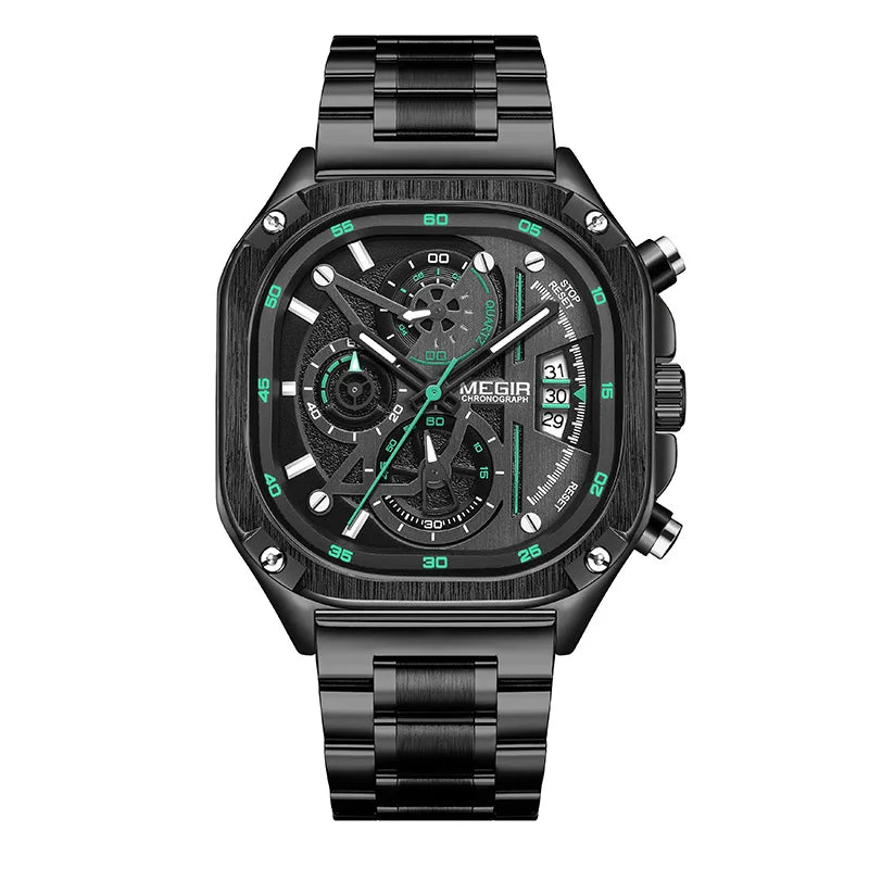 MEGIR 2217 Men Quartz Watch Creative Design Square Dial Chronograph Waterproof Stainless Steel Strap Luminous Date Wristwatch