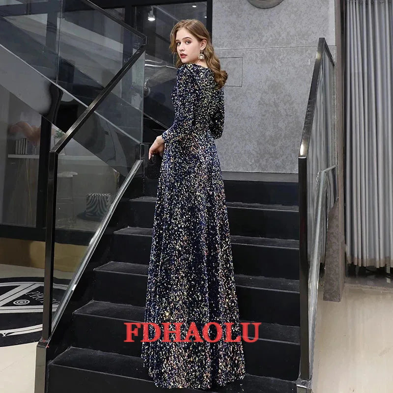 Customized Long Sleeves Prom Dresses New Elegant O-Neck Floor-length Sequin Women Formal Gown Plus Size For Evening Party Dress