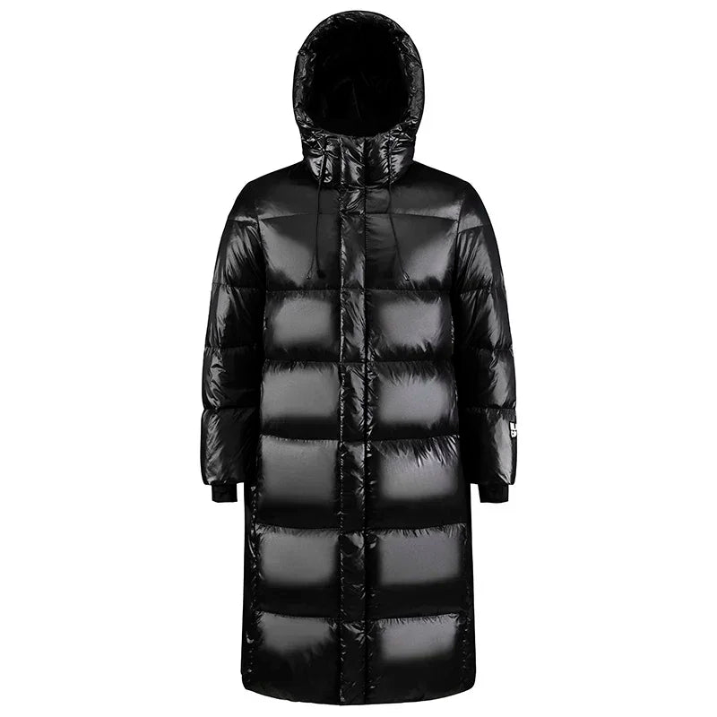 Herren Winter Daunenjacke mit Kapuze High-End Schwarz Gold glänzend Ultraleichter weißer Entendaunenmantel Mode Langes Paar Warm Gefütterter Mantel