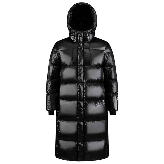 Men's Winter Hooded Down Jacket High-end Black Gold Glossy Ultra Light White Duck Down Coat fashion Long Couple Warm Padded Coat