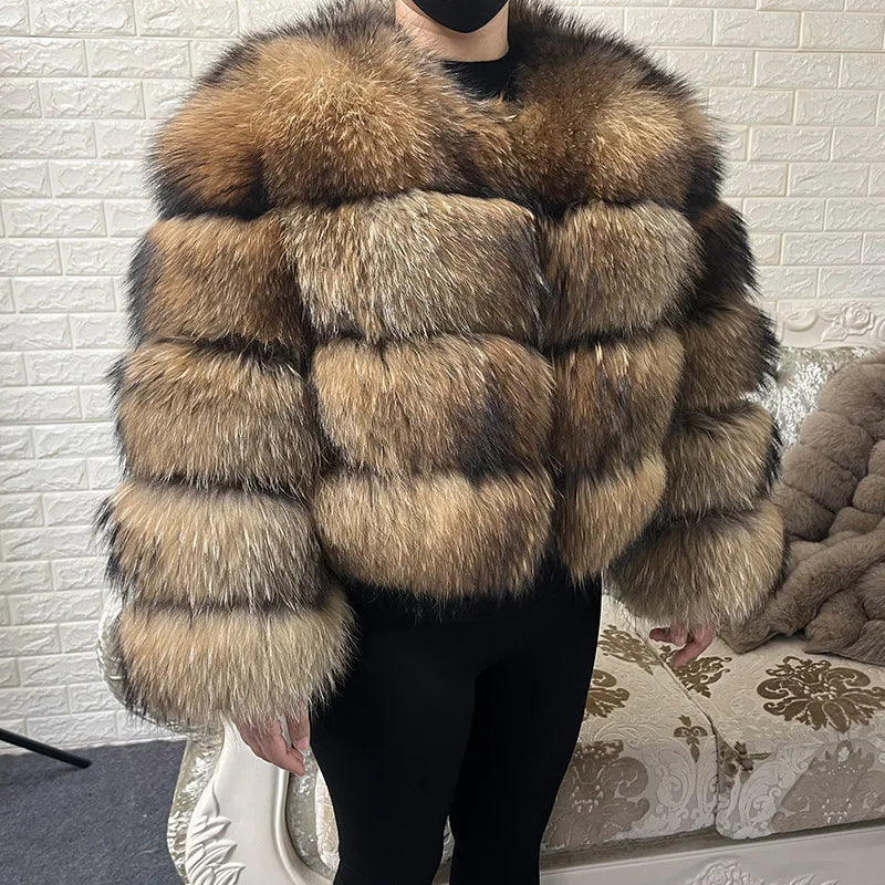 2024 Winter Women's Real  Fur Coat Natural Racoon Fur Jacket  Luxury Furry Leather Coats Female Fox Fur Clothes Long Sleeves