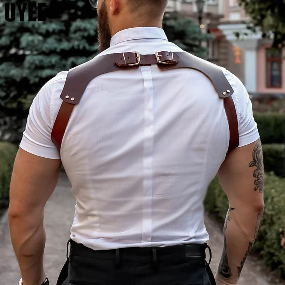 UYEE Punk Fashion PU Leather Suspenders for Men Shirt Trousers Buckle Adjustable Belts Vest Straps Braces Harness Rave Fetish