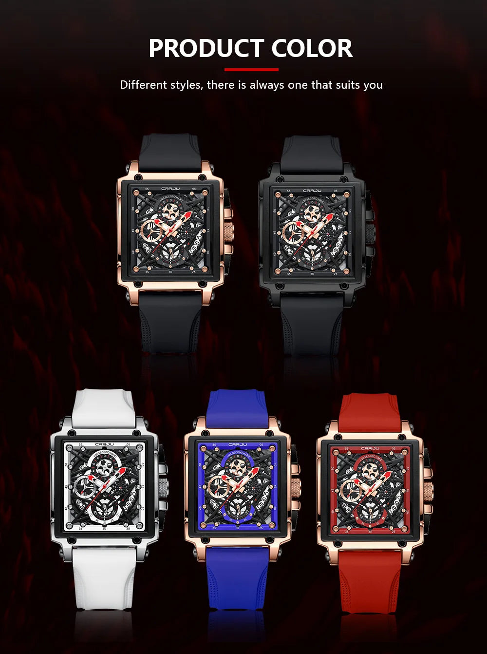 CRRJU Fashion Sports Watches with Large Dial Unique RectangularHollow Design Quartz Wristwatches with Chrongraph Auto Date