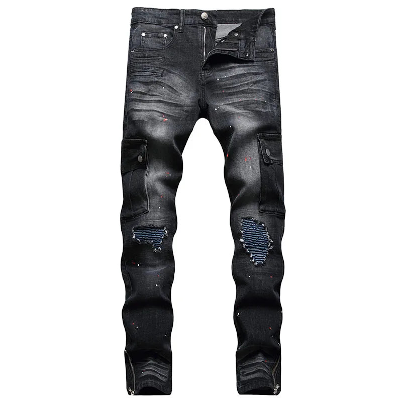 2021 European Style Men Black Jeans Spring Autumn Digital Printing Cotton Pants Men's Slim Fashion Stretch Casual Denim Trousers