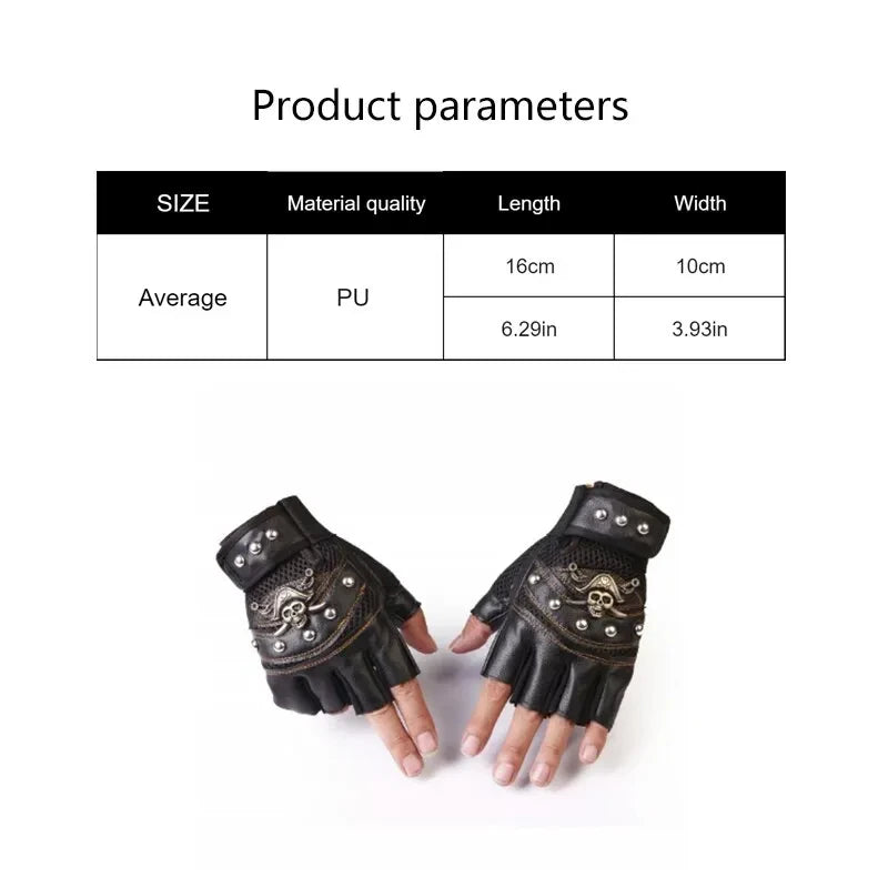 Pirate Captain PU Leather Fingerless Gloves Men Women Skulls Rivet Mitts Hip Hop Gym Gloves Female Moto Half Finger Gloves