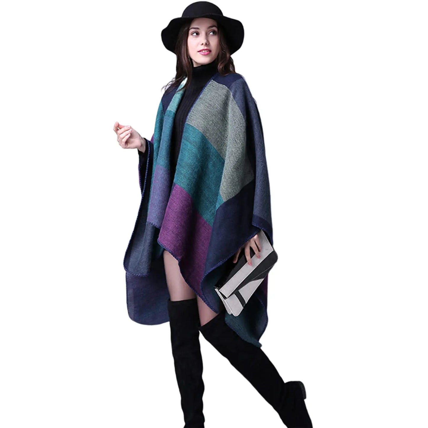 Thicken Winter Shawl Wraps Cape Women Fall Ponchos Plus Size Block Plaid Open Front Sweater Fleece Scarf Coat Holiday Outfits