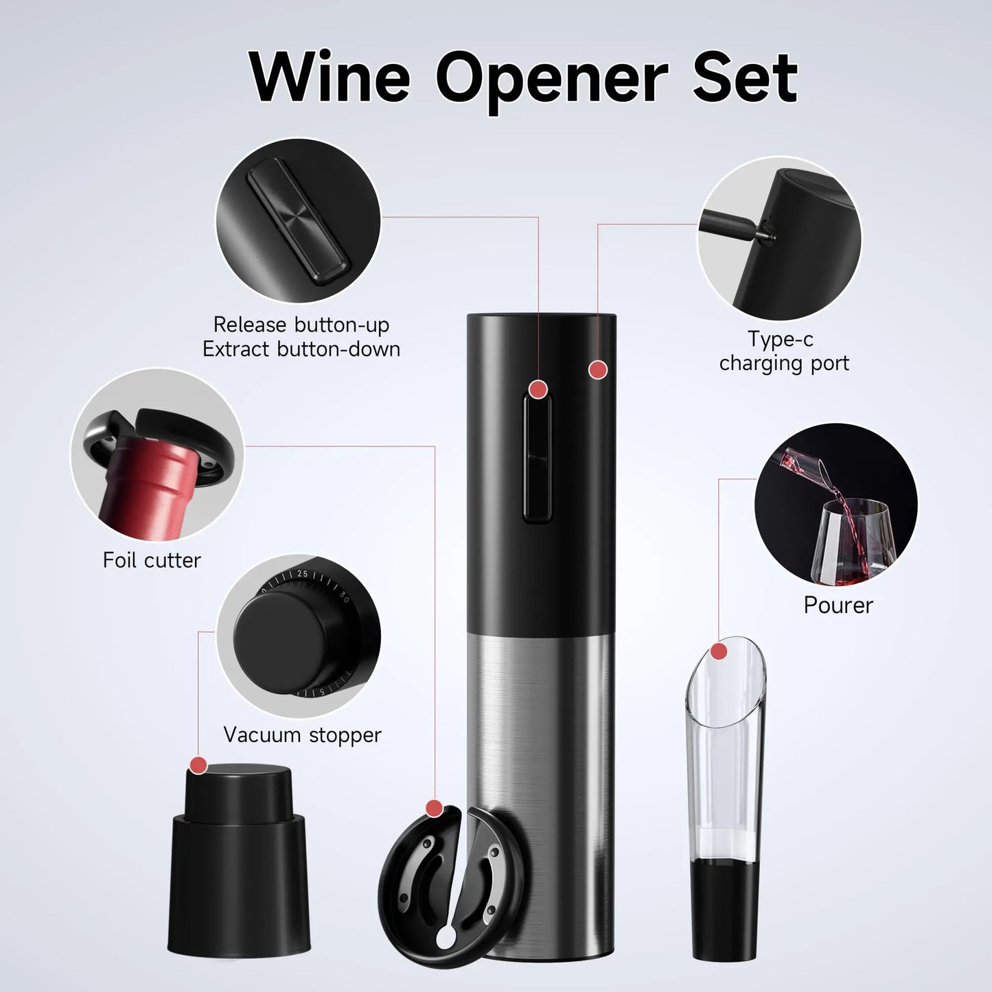 4 In 1 Electric Decanter Set Wine Lovers Gift for Home Kitchen Rechargeable Automatic Wine Bottle Opener With Vacuum Stoppers